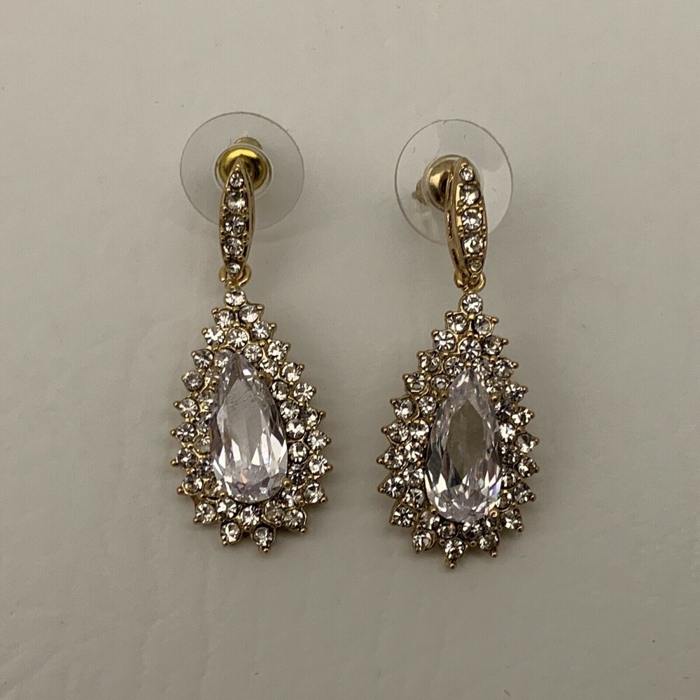 Dangling Earrings Post Gold-tone Clear‎ Rhinestone Tear Drop Teardrop
